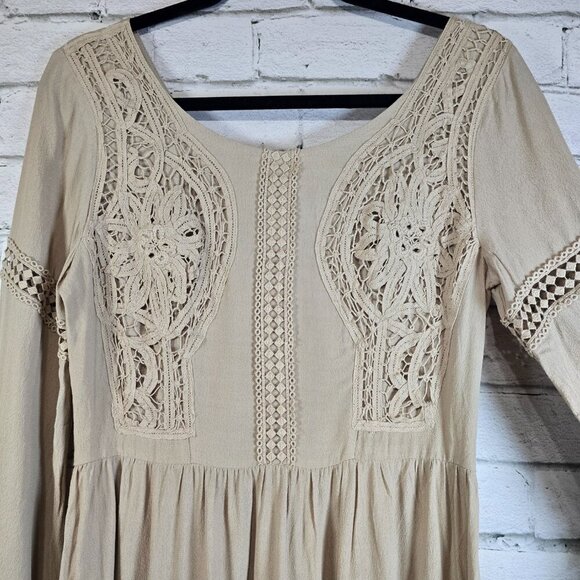 LACE FRONT BOHO STYLE DRESS BY  SOIEBLEU TAN LONG SLEEVE SIZE MEDIUM - Picture 5 of 6